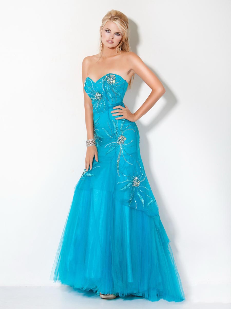 Turquoise Mermaid Sweetheart Floor Length Zipper Beading Embroidered Tulle Prom Dresses