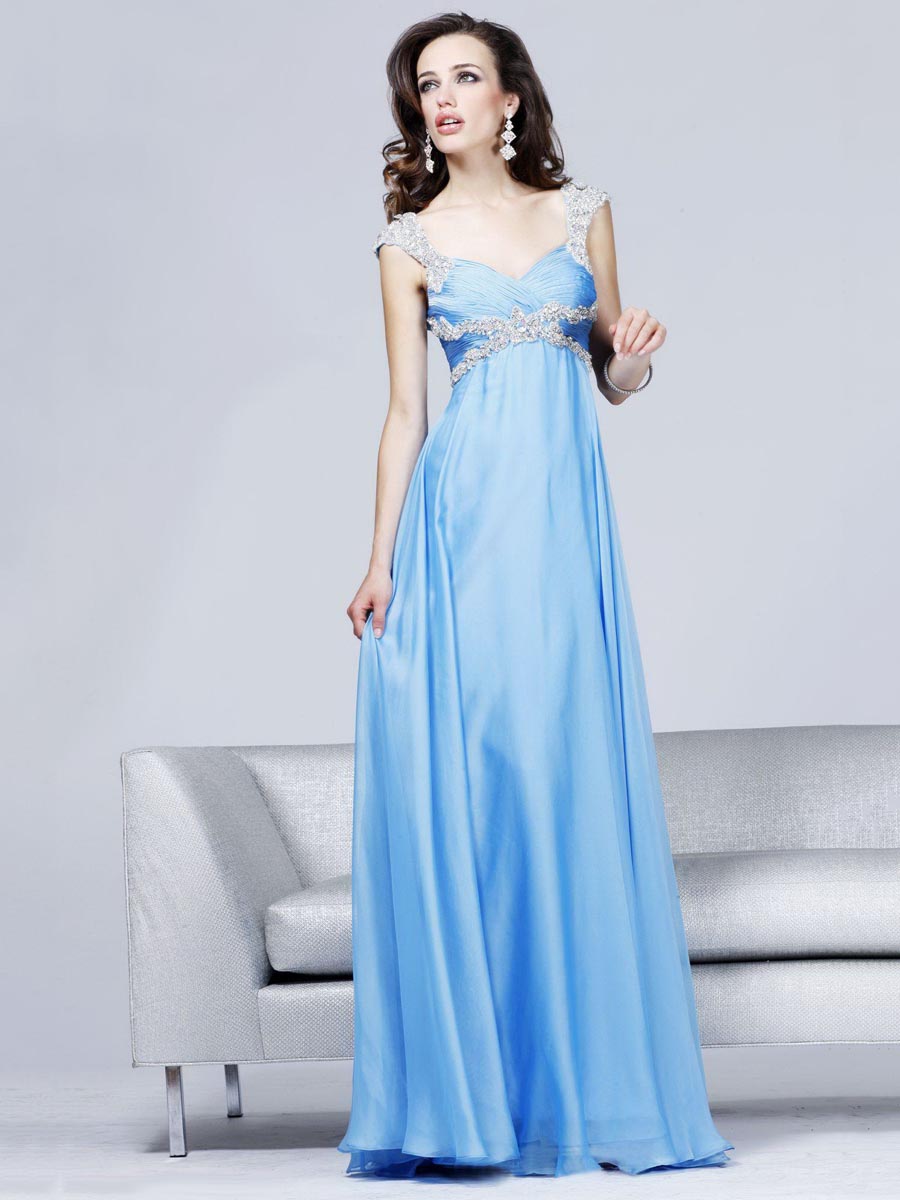 Sky Blue Sheath V Neck Floor Length Zipper Sweep Train Empire Chiffon Evening Dresses With Beads 