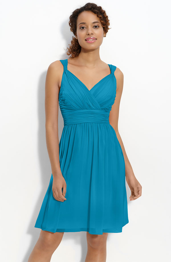 Blue Sheath Column V Neck Knee Length Zipper Ruched Chiffon Bridesmaid Dresses