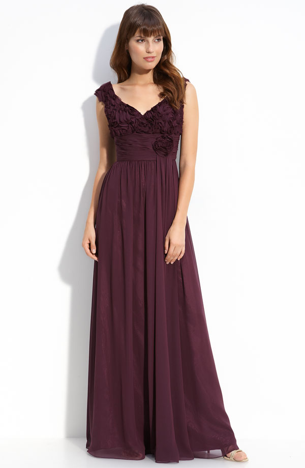 Burgundy A Line Cap Sleeves And V Neck Floor Length Chiffon Prom Dresses With Rosette And Drapes