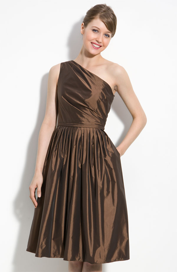 Brown A Line One Shoulder Knee Length Pleat Taffeta Prom Dresses