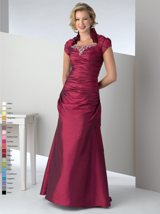 Burgundy Short Sleeve High Neck Zipper Full Length A Line Mother Of Bride Dresses With Beading And Ruffles 