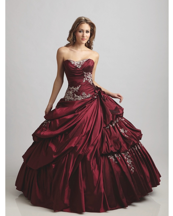 Burgundy Ball Gown Strapless Sweetheart Full Length Quinceanera Dresses With Embroidery And Twist Drapes