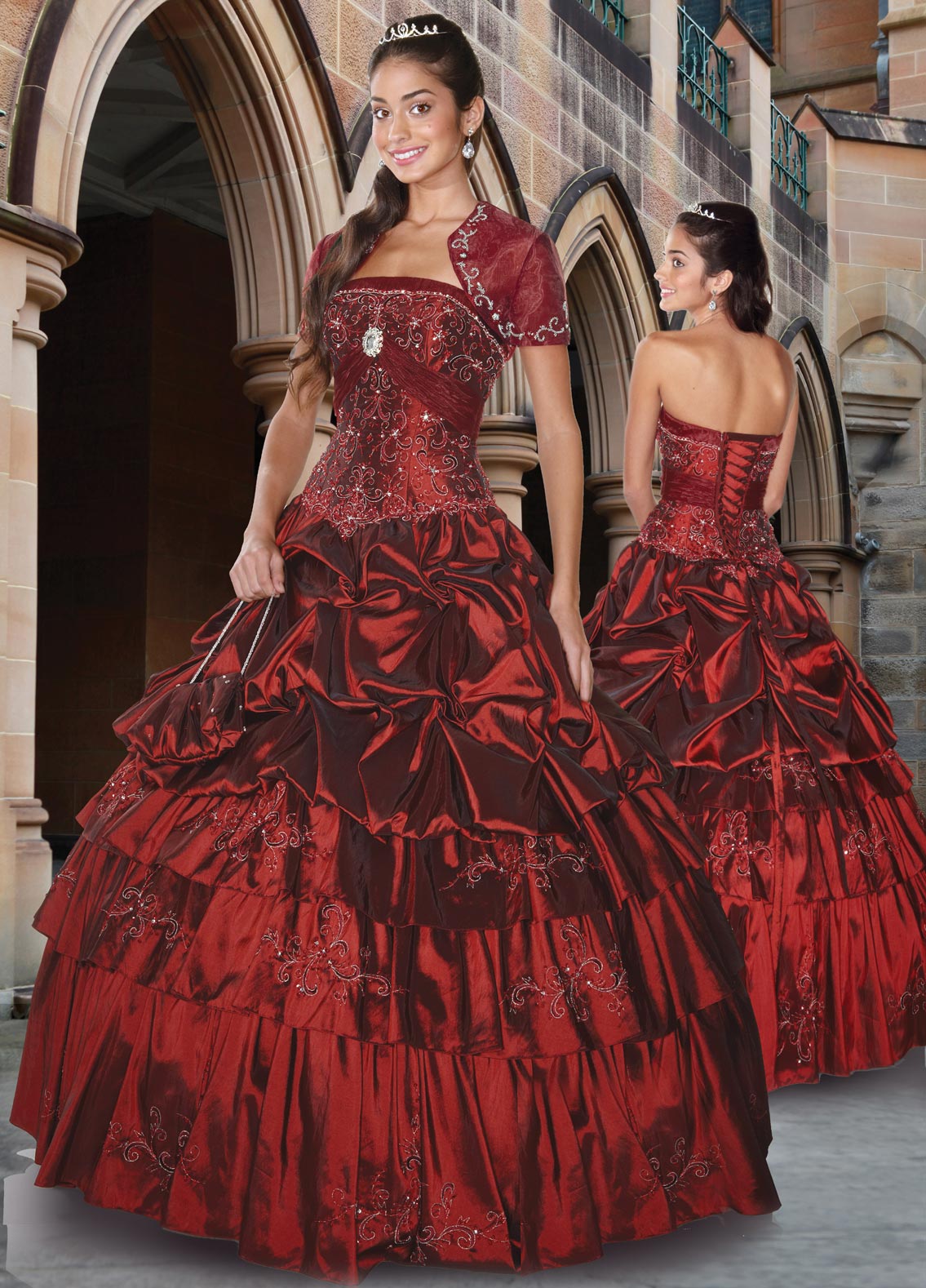 Strapless Lace Up Floor Length Burgundy Ball Gown Embroidered And Ruffled Quinceanera Dresses