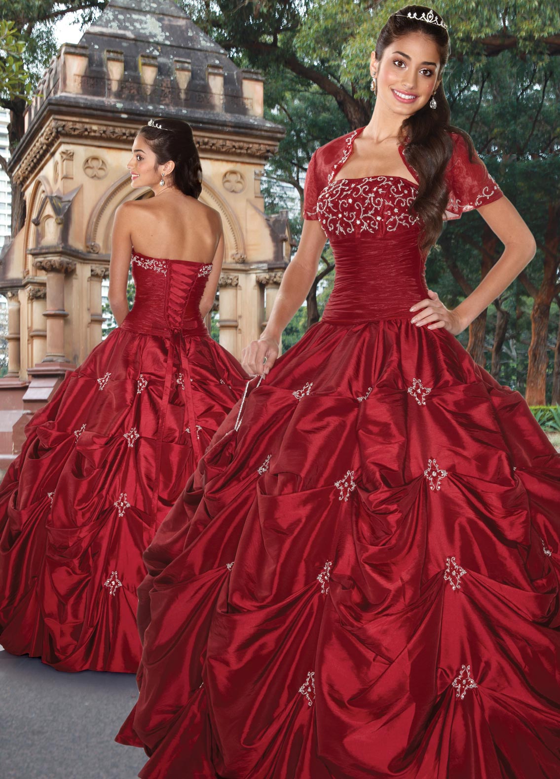 Burgundy Strapless Lace Up Full Length Ball Gown Quinceanera Dresses With Embroidery And Twist Drapes