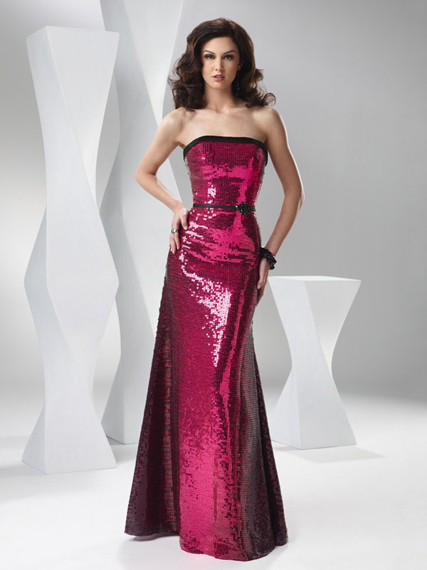 Burgundy Mermaid Strapless Floor Length Sequined Evening Dresses With Black Sash