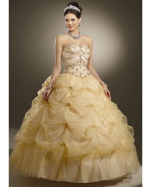 Champagne Ball Gown Strapless Sweetheart Full Length Beading Embroidered And Ruffled Tulle Quinceanera Dresses
