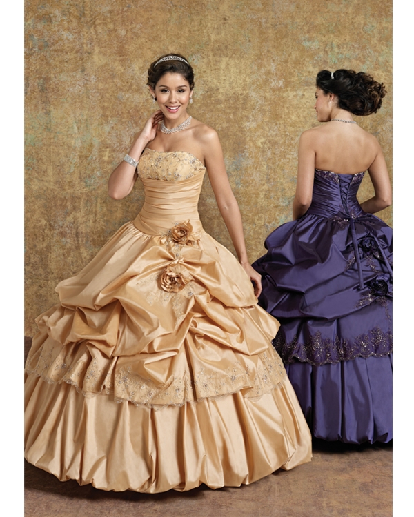Champagne Ball Gown Strapless Lace Up Floor Length Embroidered And Pleated Taffeta Quinceanera Dresses