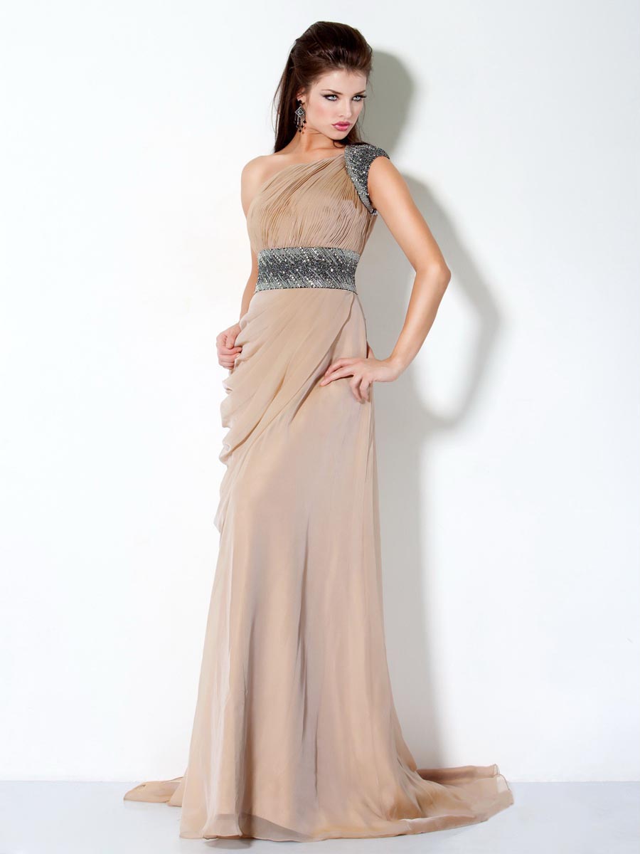 One Shoulder Floor Length Lace Up Sweep Brush Train Champagne Column Evening Dresses With Belt 