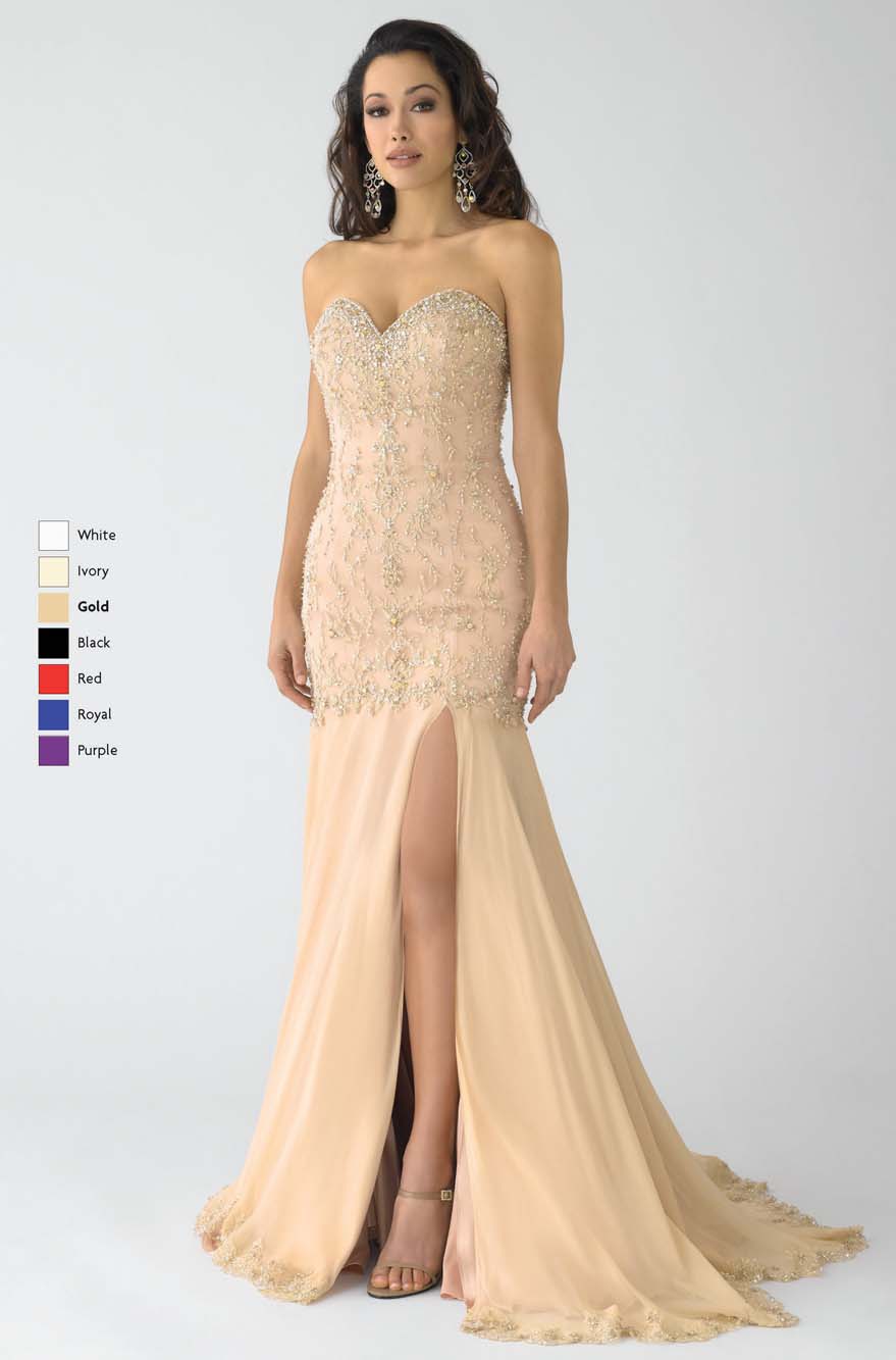 Gold Mermaid Strapless Sweetheart Low Back Sweep Train Floor Length Chiffon Prom Dresses With Beading And High Slit