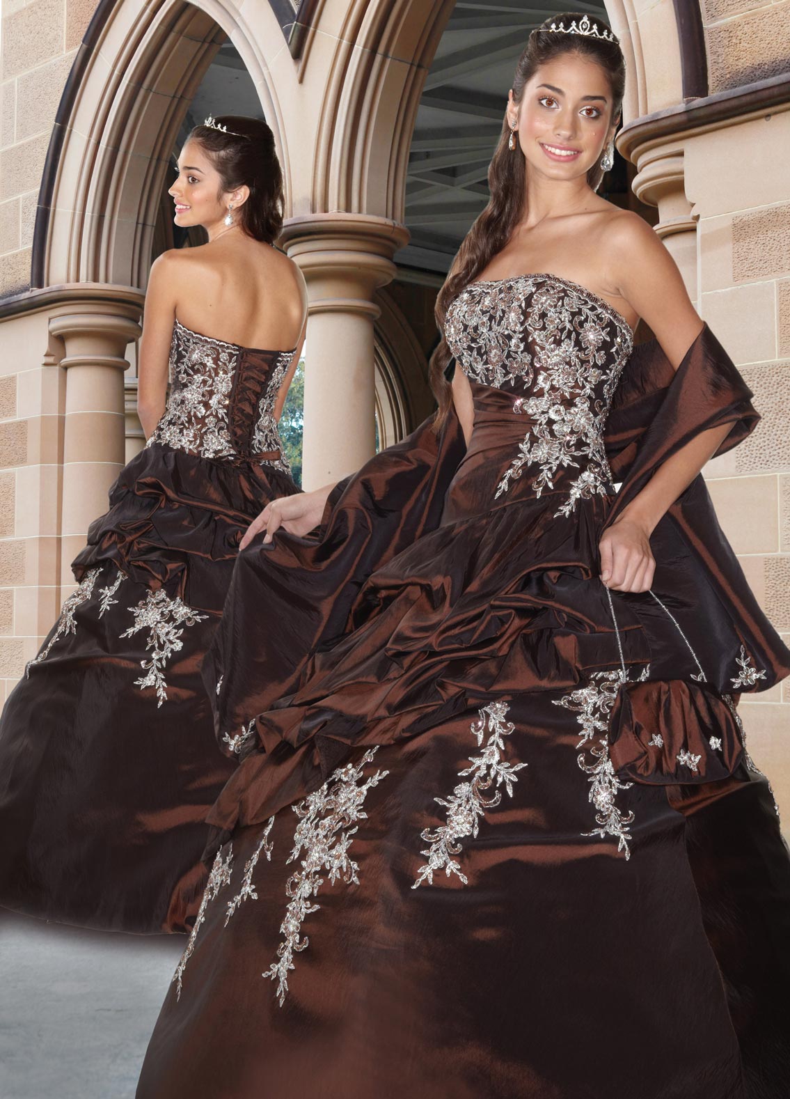 Chocolate Ball Gown Strapless Lace Up Floor Length White Embroidered Quinceanera Dresses
