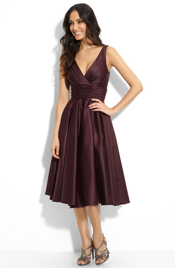 Chocolate A Line V Neck Tea Length Zipper Pleated Satin Bridesmaid Dresses 