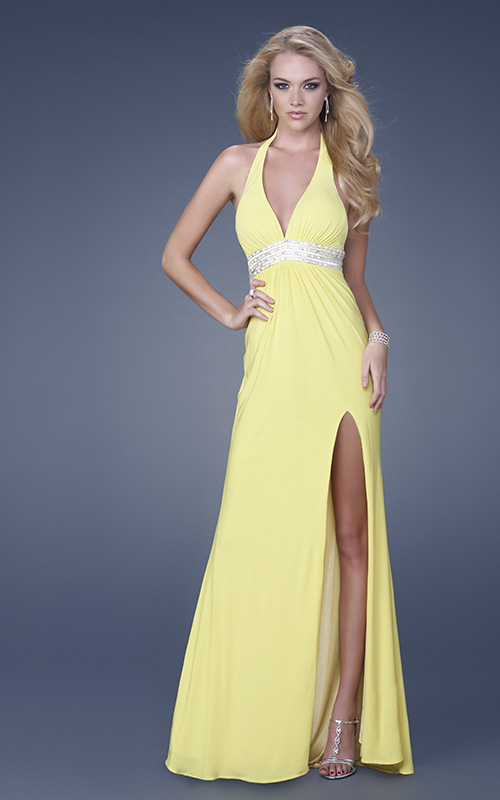 Daffodil A Line Halter Deep V Neck Backless High Slit Sweep Train Full Length Evening Dresses With Sequins