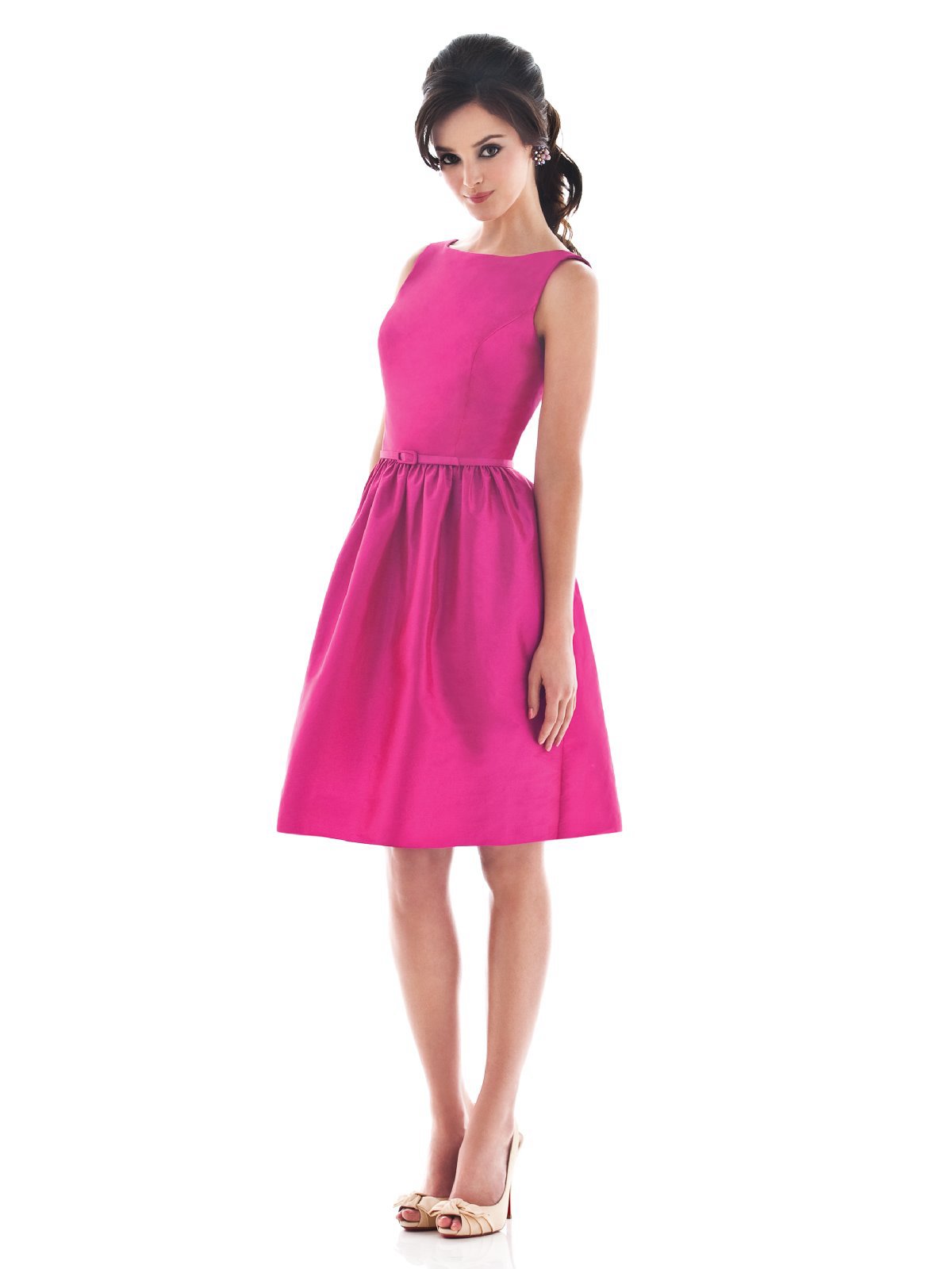 Fuchsia A Line Bateau Low Back Knee Length Satin Prom Dresses With Belt And Draped Skirt 