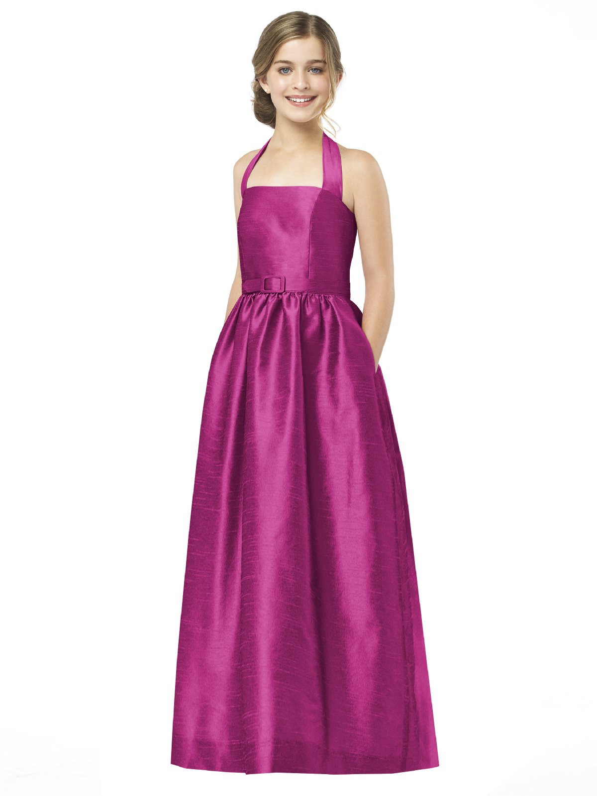 Fuchsia A Line Halter Zipper Full Length Draped Prom Dresses With Belt And Pocket 