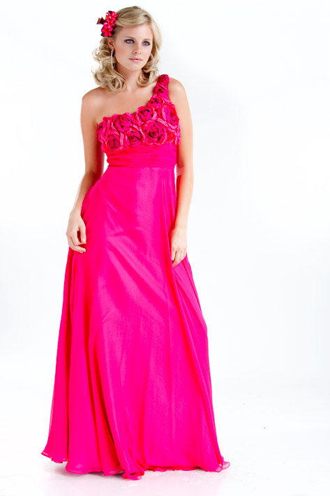 Romantic Fuchsia A Line One Shoulder Zipper Full Length Evening Dresses With Rosettes 