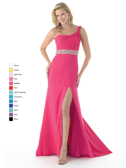 Fuchsia A Line One Shoulder Open Back Sweep Train Full Length Chiffon Prom Dresses With Beading And High Slit 