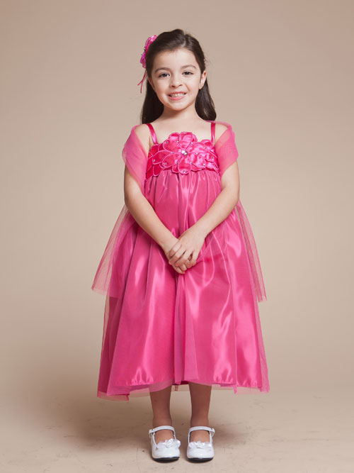 Fuchsia Spaghetti Straps Tea Length A Line Flower Girl Dresses With Flowers