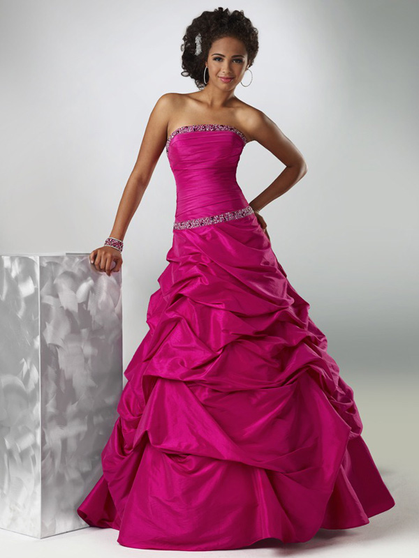 Fuchsia A-Line Strapless Bandage Floor Length Satin Prom Dresses With ...