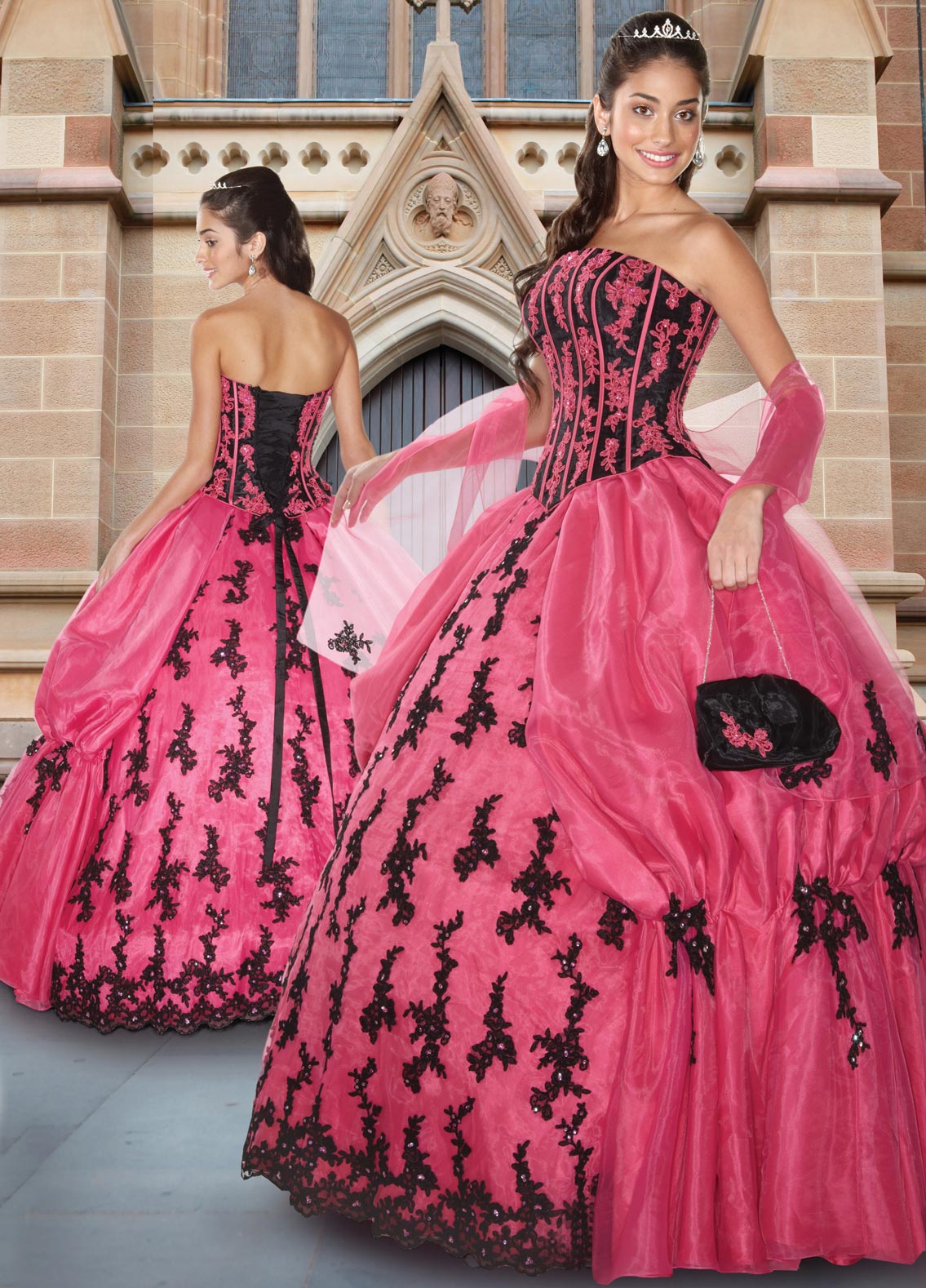 Deep Pink And Black Ball Gown Strapless Full Length Quinceanera Dresses With Appliques And Ruffles 