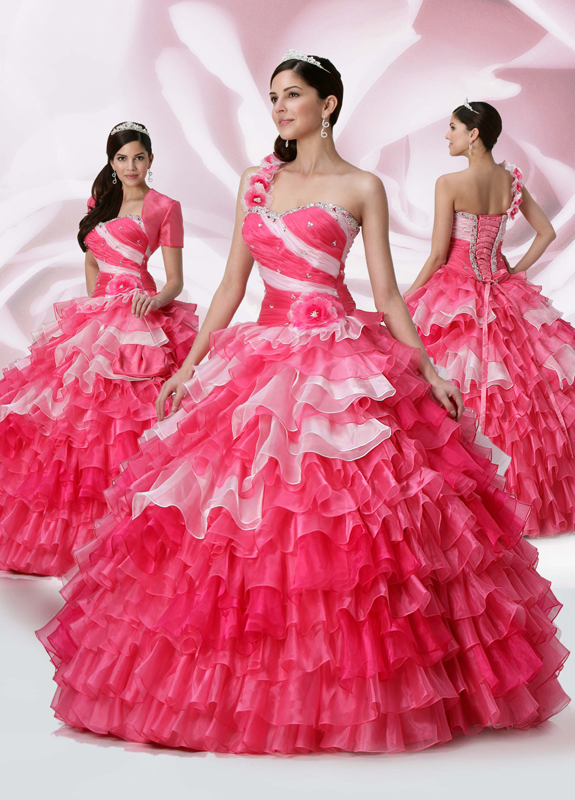 Pink Ball Gown Sweetheart And Floral One Shoulder Lace Up Full Length Quinceanera Dresses With Beading And Ruffles 