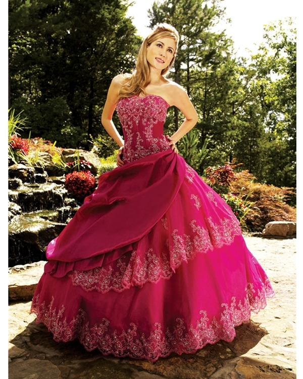 Fuchsia Ball Gown Strapless Lace Up Full Length Beading Embroidered Quinceanera Dresses With Ruffles 