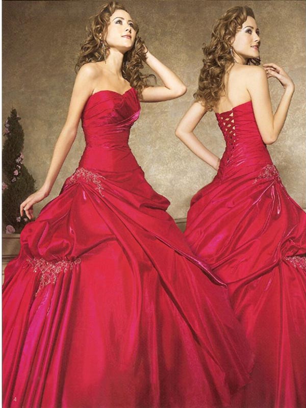 Red Ball Gown Strapless Lace Up Full Length Quinceanera Dresses With Appliques And Ruffles