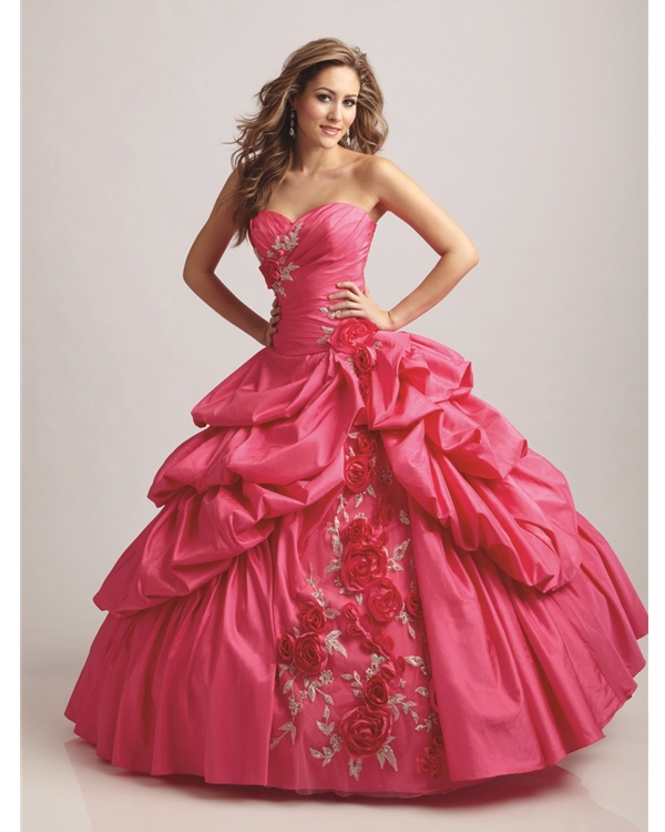 Watermelon Ball Gown Strapless Sweetheart Floor Length Embroidered Quinceanera Dresses With Flowers And Ruffles 