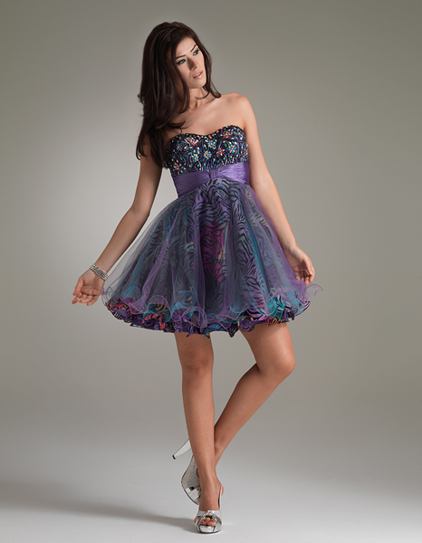 Dark Navy Printed Sweetheart Mini Length Zipper Empire Cocktail Dresses