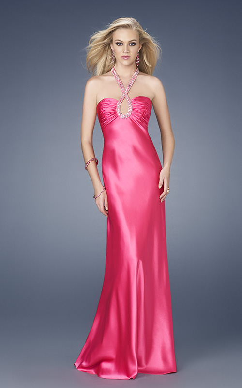 Magenta Cross Halter Open Back Sweep Train Column Floor Length Evening Dresses With Beading 