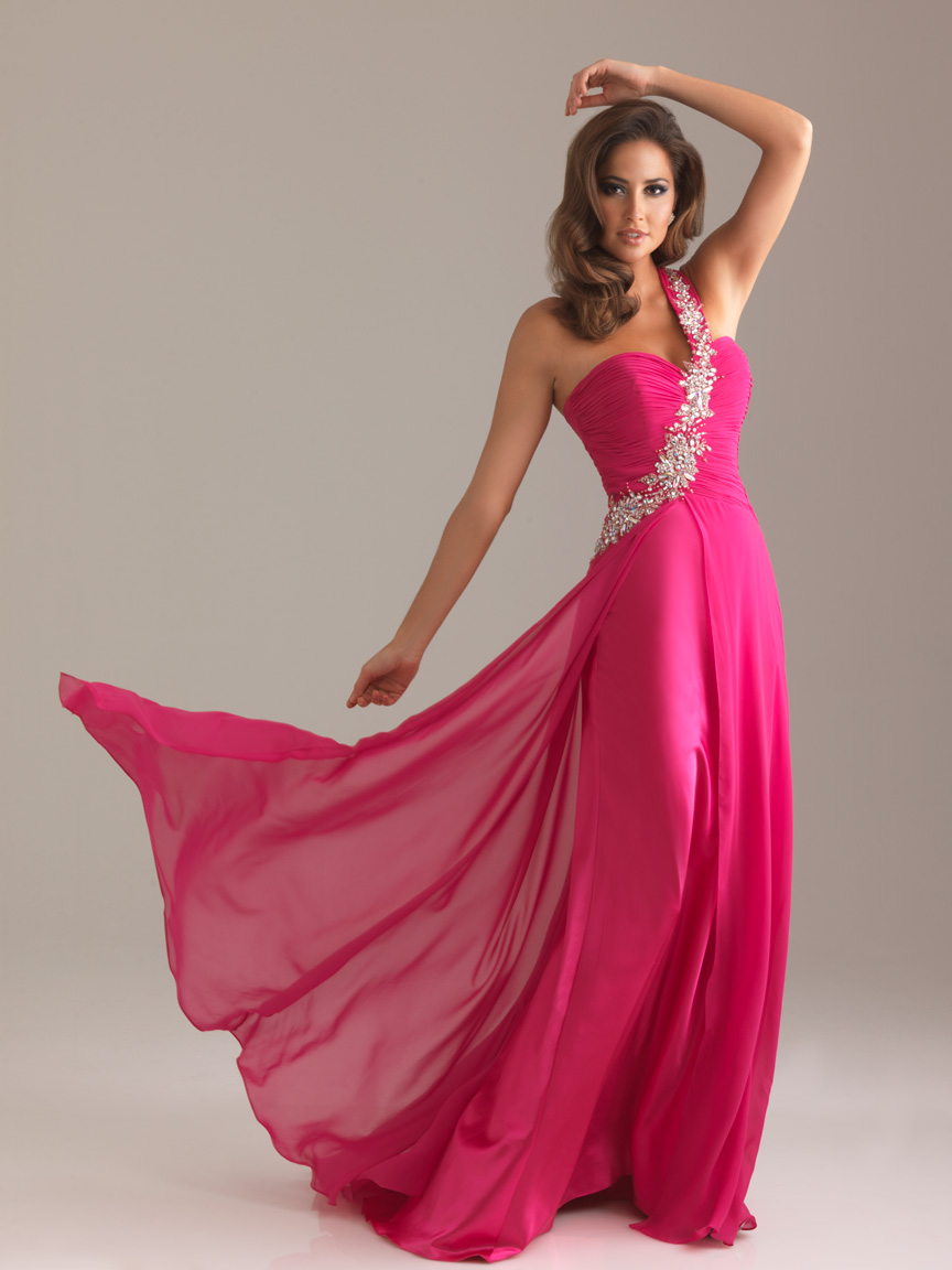 Fuchsia Column One Shoulder Sweetheart Zipper Sweep Train Beading Full Length Evening Dresses