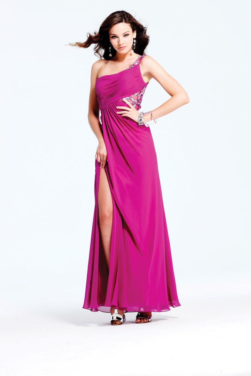 Magenta Column One Shoulder Transparent Back Floor Length Evening Dresses With High Slit 