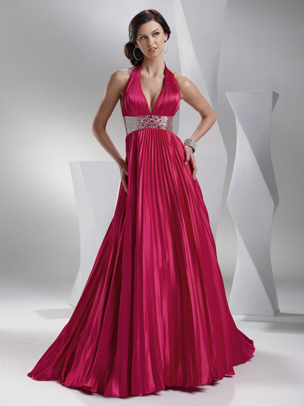 Deep Rose Empire Halter And Deep V Neck Backless Sweep Train Floor Length A Line Pleated Evening Dresses