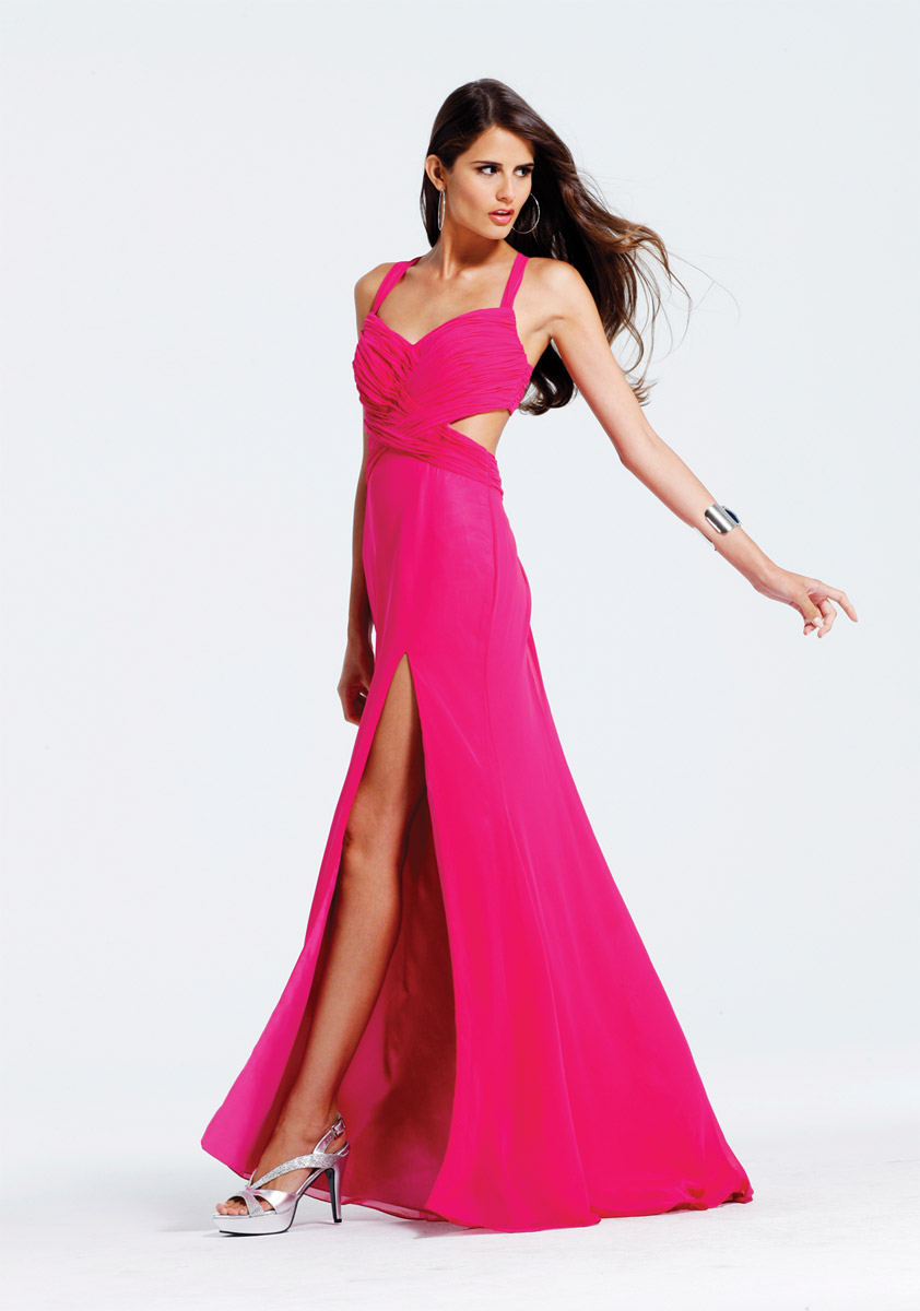 Fuchsia Empire Sweetheart And Strap Cross Back Drape Floor Length Chiffon Evening Dresses With Side Slit 