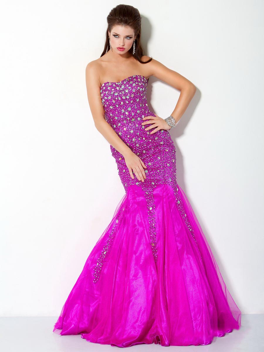 Fuchsia Mermaid Sweetheart Full Length Zipper Sequined And Beaded Tulle Prom Dresses