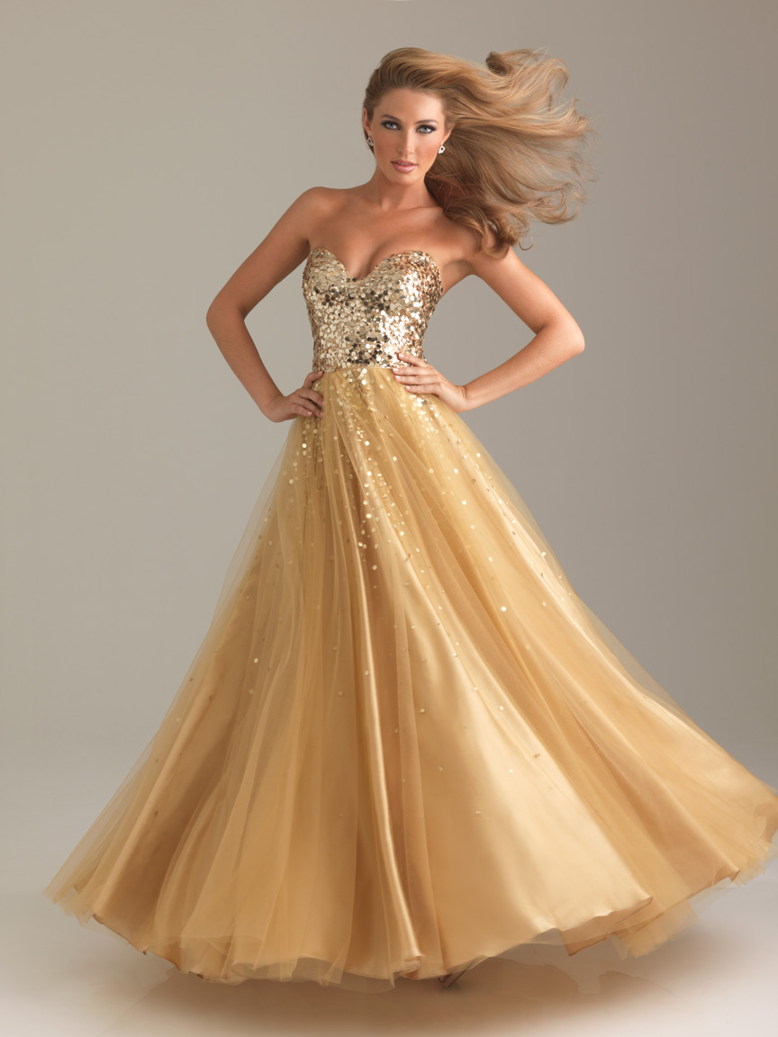 Gold A Line Sweetheart Strapless Zipper Floor Length Sequined Graduation Dresses