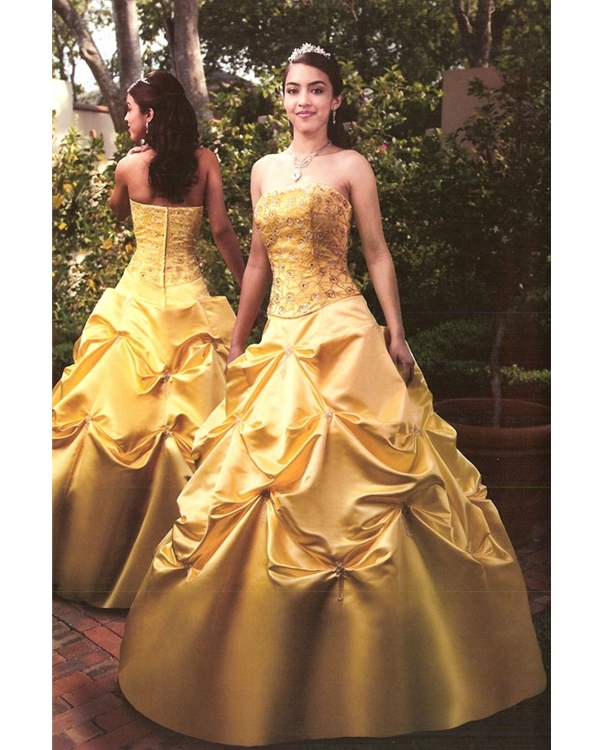 Gold Ball Gown Strapless Zipper Full Length Quinceanera Dresses With Embroidery And Twist Drapes