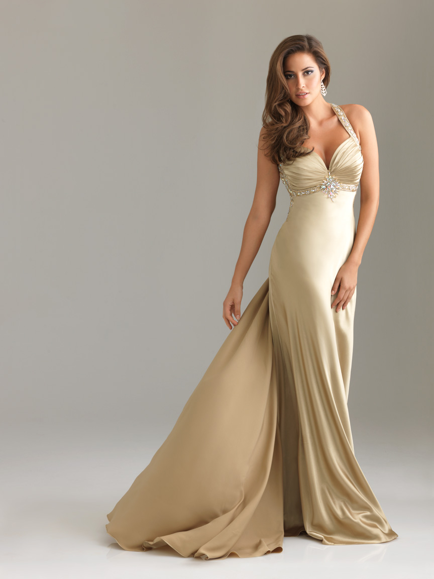 Gold Column Halter And Sweetheart Backless Sweep Train Beading Floor Length Satin Evening Dresses