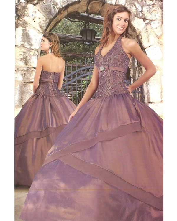 Inexpensive Grape Ball Gown Halter And V Neck Zipper Full Length Quinceanera Dresses