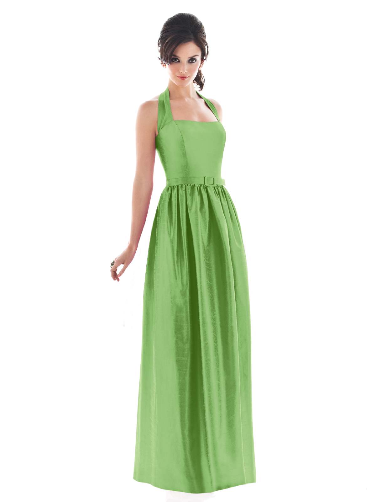 Bud Green A Line Halter Low Back Draps Floor Length Prom Dresses With Belt