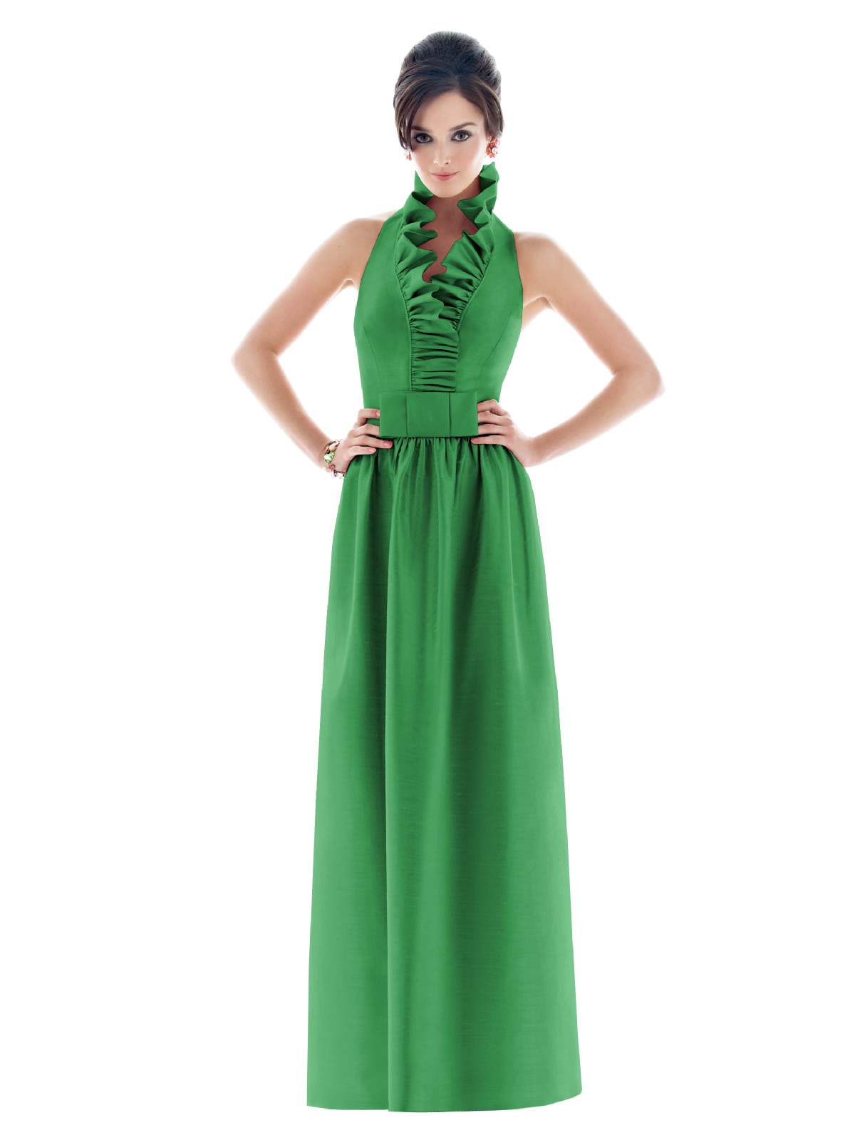 Green A Line Flounced Halter Low Back Floor Length Prom Dresses With Belt 