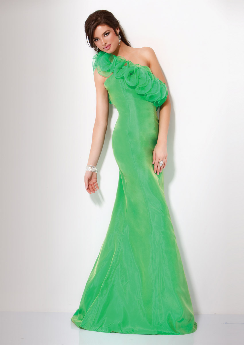 Bud Green A Line One Shoulder Zipper Floor Length Celebrity Dresses With Ruffles