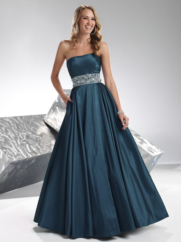 Dark Cyan A-Line Strapless Lace up Beadings Pleats Full Length Prom Dresses