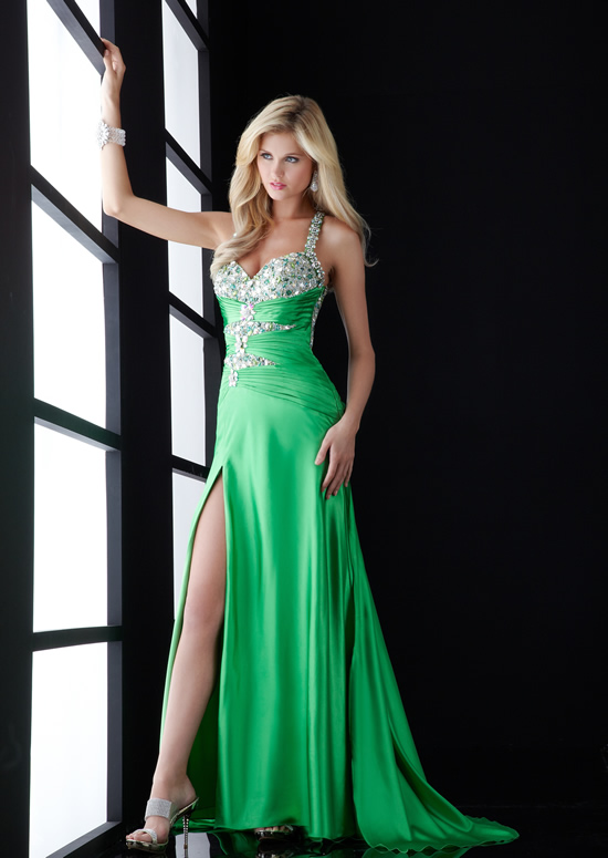 Kelly A Line Sweetheart And Strap Cross Back Sweep Train Floor Length Satin Evening Dresses With Beading And High Slit 