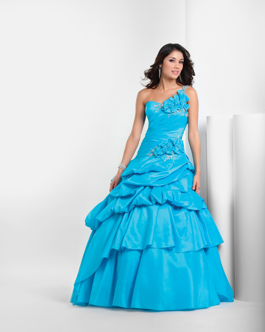 Blue Ball Gown One Shoulder Full Length Quinceanera Dresses With Flowers And Twist Draped 