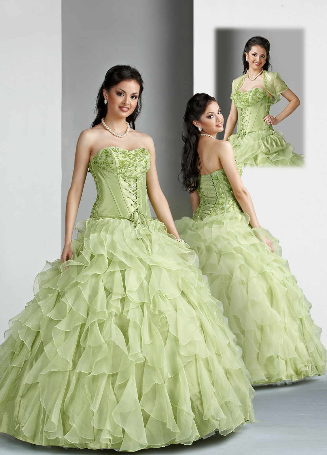 Sage Ball Gown Strapless Sweetheart Lace Up Floor Length Tulle Ruffled Quinceanera Dresses