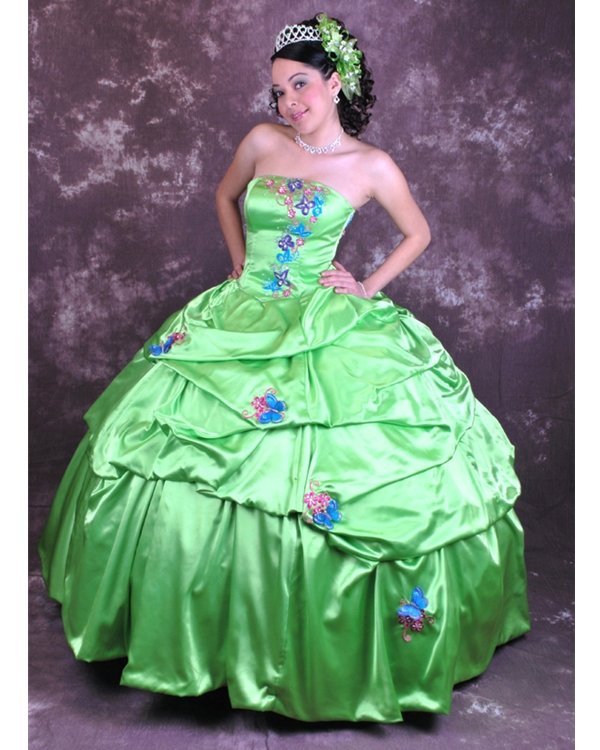 Green Ball Gown Strapless Lace Up Full Length Quinceanera Dresses With Butterfly Appliques And Twist Drapes