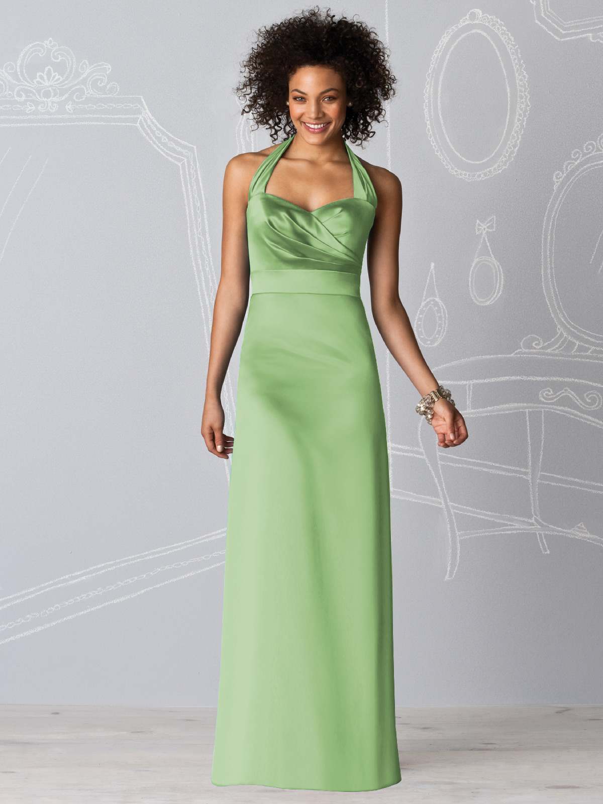 Sage Column Halter And Sweetheart Zipper Floor Length Satin Prom Dresses With Drapes