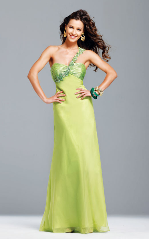 Romantic Lime Empire One Shoulder Open Back Floor Length Beading Evening Dresses
