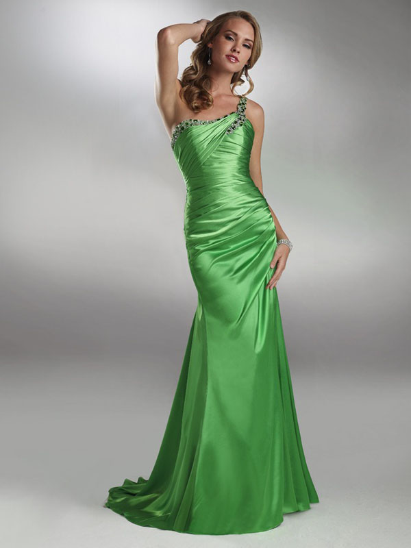 Green Mermaid One Shoulder Low Back Sweep Train Floor Length Beading Drapes Evening Dresses
